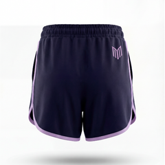 Rear view Maiden Cricket Fine Leg shorts in navy blue with purple logo and trim.