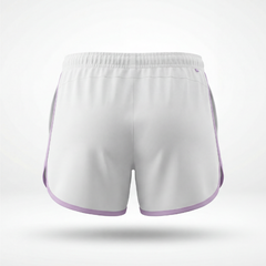 Rear view Maiden Cricket Fine Leg shorts in white with purple logo.