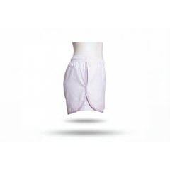 Maiden Cricket Fine Leg shorts in white with purple trim.