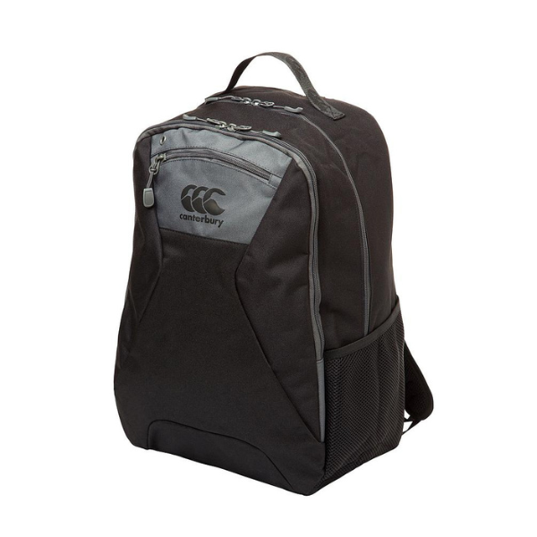 Black and gray backpack with Canterbury logo