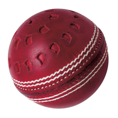 Red leather GM Chevron Cricket Ball with white stitching on a white background