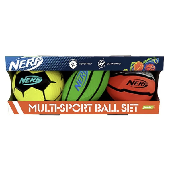 Nerf Proshot Multisport Foam Ball Set in packaging on a white background