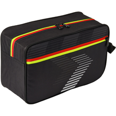 Black boot bag with red and yellow accents on a white background
