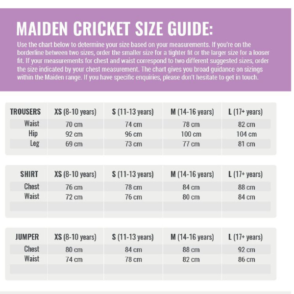 Maiden Cricket Size Guide
