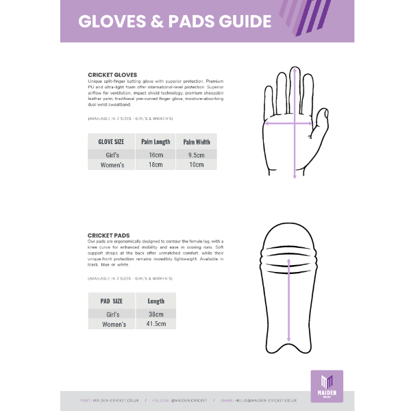 Maiden Cricket Gloves and Pads Size Guide
