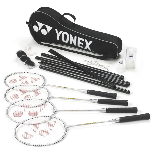 Yonex badminton racket set with rackets, strings, and a carrying case on a white background