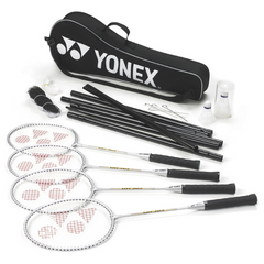 Yonex badminton racket set with rackets, strings, and a carrying case on a white background