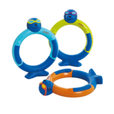 Three colorful inflatable rings with cartoon character faces