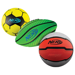 Three Nerf balls in yellow, green, and red on a white background