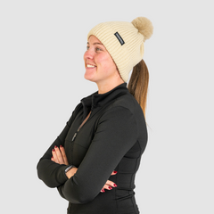Woman wearing Magni-Strip® Bobble Hat Beige