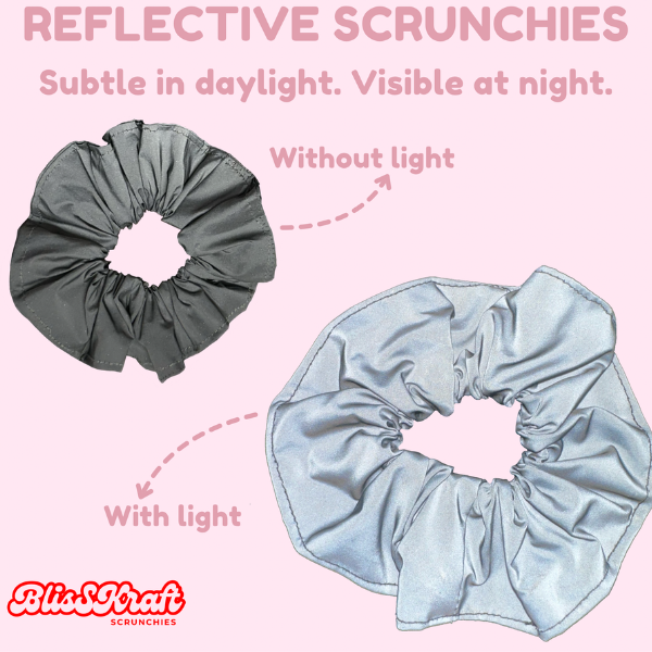 Infographic showing how the scrunchies look in the day and then at night under lights.  The BlisSKraft logo is shown.