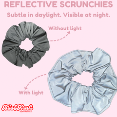 Infographic showing how the scrunchies look in the day and then at night under lights.  The BlisSKraft logo is shown.