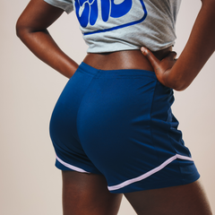 A rear image of the Eleven as One football shorts showing the side panels and white trim. 