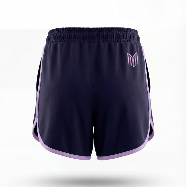 Rear view Maiden Cricket Fine Leg shorts in navy blue with purple logo and trim. 