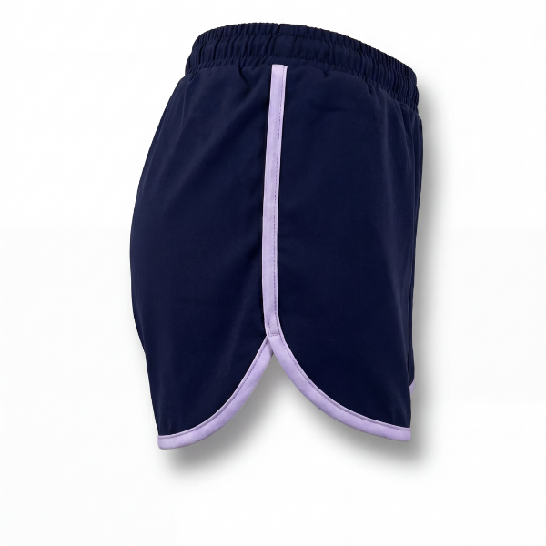 Maiden Cricket Fine Leg shorts in navy blue with purple trim and curved hem. 