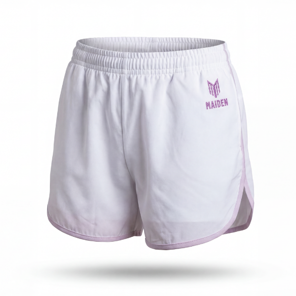Maiden Cricket Fine Leg shorts in white with purple logo and trim. 