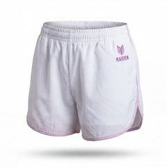 Maiden Cricket Fine Leg shorts in white with purple logo and trim. 