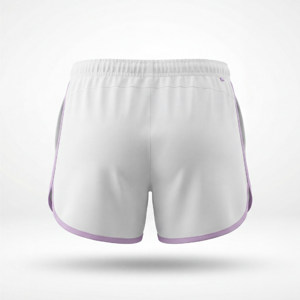 Rear view Maiden Cricket Fine Leg shorts in white with purple logo. 