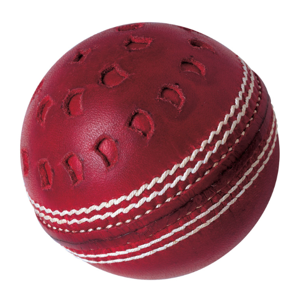 Red leather GM Chevron Cricket Ball with white stitching on a white background