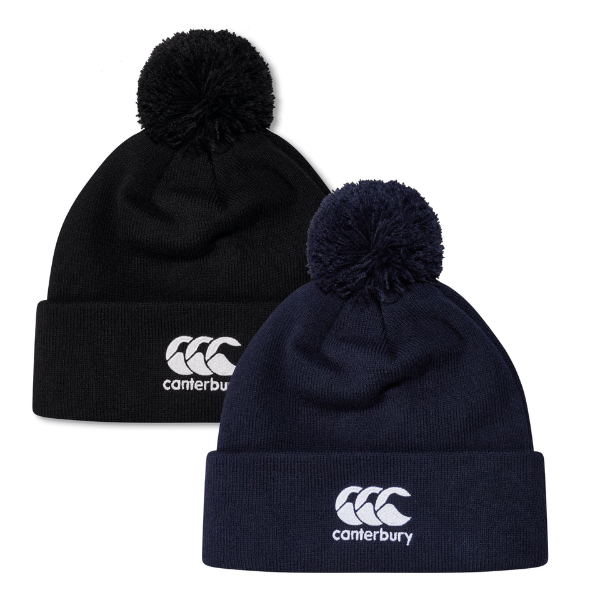 Two Canterbury Club Bobble Hats, one black and one navy on a white background